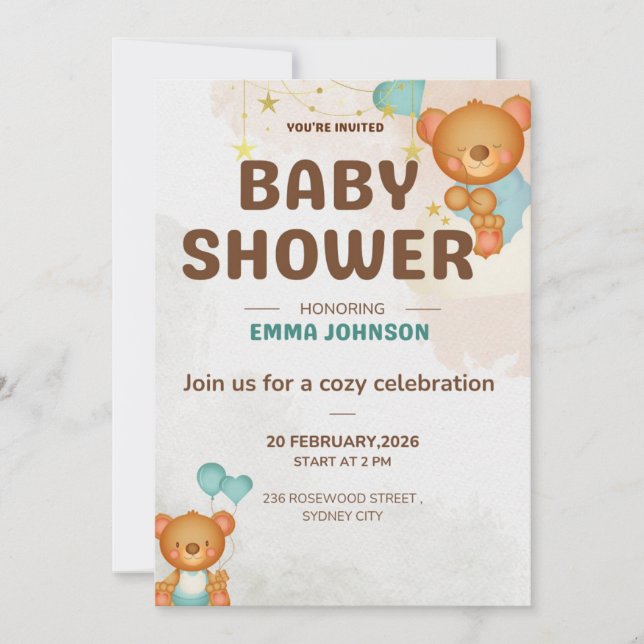 Teddybjörn Baby Shower Inbjudan (Framsida)