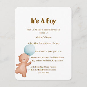 Teddybjörn Baby Shower Inbjudan Pojke,