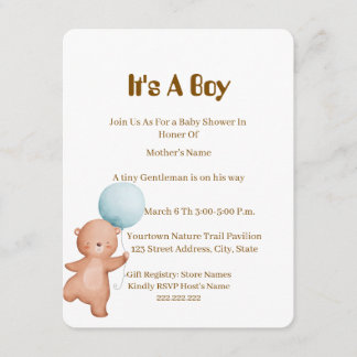 Teddybjörn Baby Shower Inbjudan Pojke,