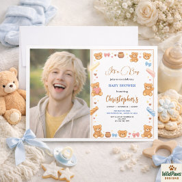 Teddybjörn Baby Shower Pojke | Söt Blå Björn Inbjudningar