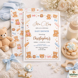 Teddybjörn Baby Shower Pojke | Söt Blå Björn Inbjudningar