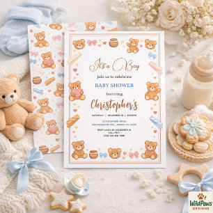Teddybjörn Baby Shower Pojke Söt Blå Björn Inbjudningar