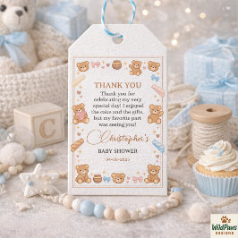 Teddybjörn Baby Shower Pojke | Söt Blå Björn Presentetikett
