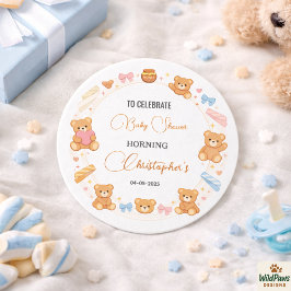 Teddybjörn Baby Shower Pojke | Söt Blå Björn Runt Klistermärke