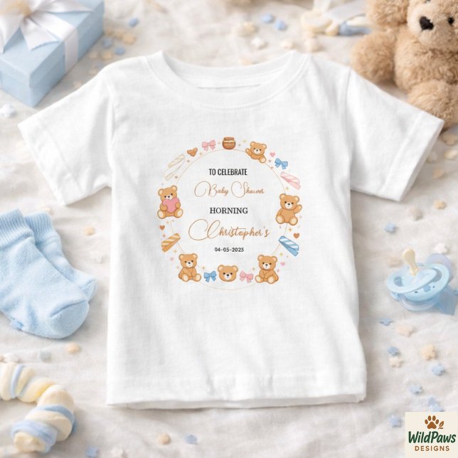 Teddybjörn Baby Shower Pojke | Söt Blå Björn T Shirt (Teddy Bear Baby Shower Boy | Cute Blue Bear T-Shirt
)