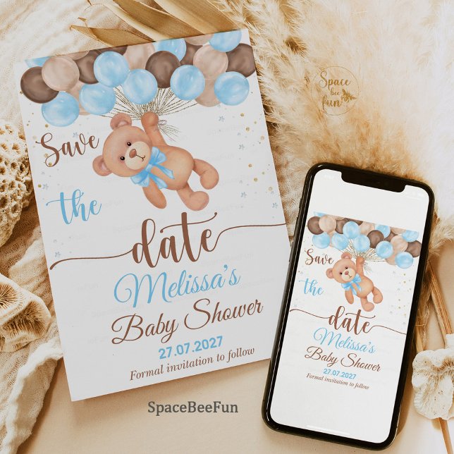 Teddybjörn Baby Shower Vi kan knappt vänta Spara Datumet (Teddy Bear Baby Shower Save the Date, We Can Barely Wait Save the Date, Baby Shower Announcement Car)