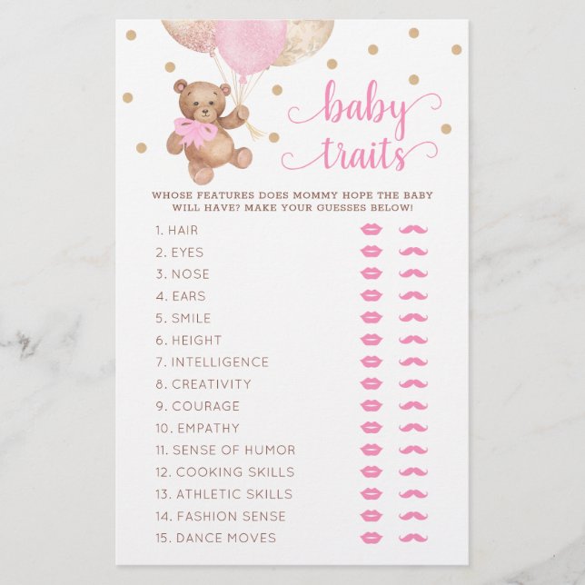 Teddybjörn Babyegenskaper Spel Baby Shower  (Framsida)