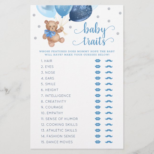 Teddybjörn Babyegenskaper Spel Baby Shower (Framsida)