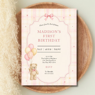 Teddybjörn Babyflicka 1:a Första Födelsedagsinbjud