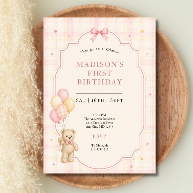 Teddybjörn Babyflicka 1:a Första Födelsedagsinbjud (Pink Yellow Plaid Girl Teddy Bear 1st Birthday Invitation. Printed or Digital)