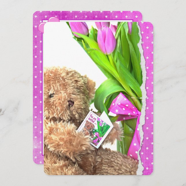 Teddybjörn Babyflicka Shower Inbjudningar (Fram/baksida)