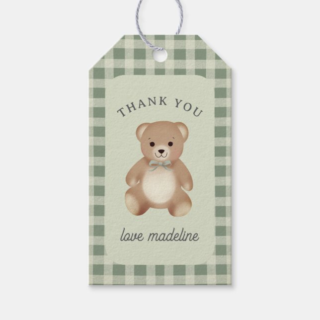 Teddybjörn båge gosedjur Gingham Antik salvia Presentetikett (Framsidan)