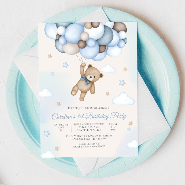 Teddybjörn Ballong 1-års Födelsedagsinbjudan Inbjudningar (Skapare uppladdad)