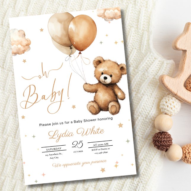 Teddybjörn Ballonger baby shower Könsneutral  Inbjudningar (Skapare uppladdad)