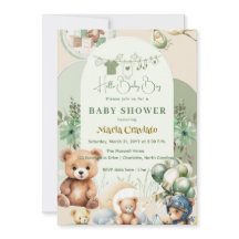Teddybjörn & ballonger Baby Shower Pojke Inbjudan
