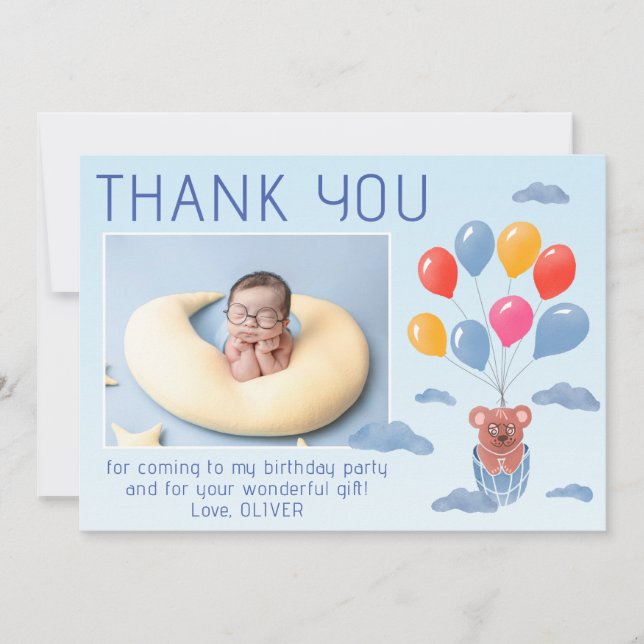 Teddybjörn ballonger Barn Foto Födelsedag  Tack Kort (Framsida)