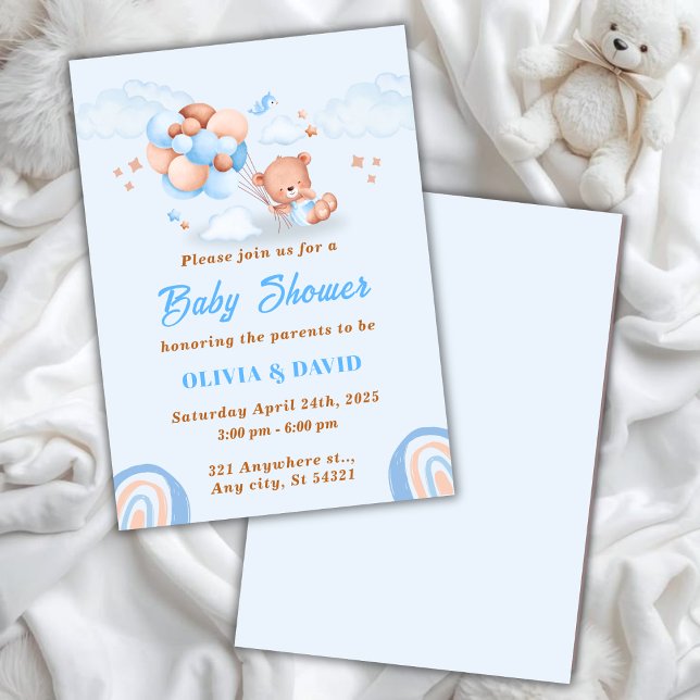 Teddybjörn, ballonger blå och brun baby shower inbjudningar (Skapare uppladdad)