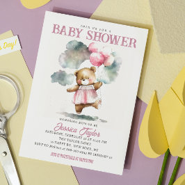 Teddybjörn Ballonger Moln Girlig Bebis Shower Inbjudningar