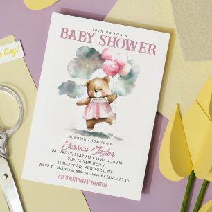 Teddybjörn Ballonger Moln Girlig Bebis Shower Inbjudningar