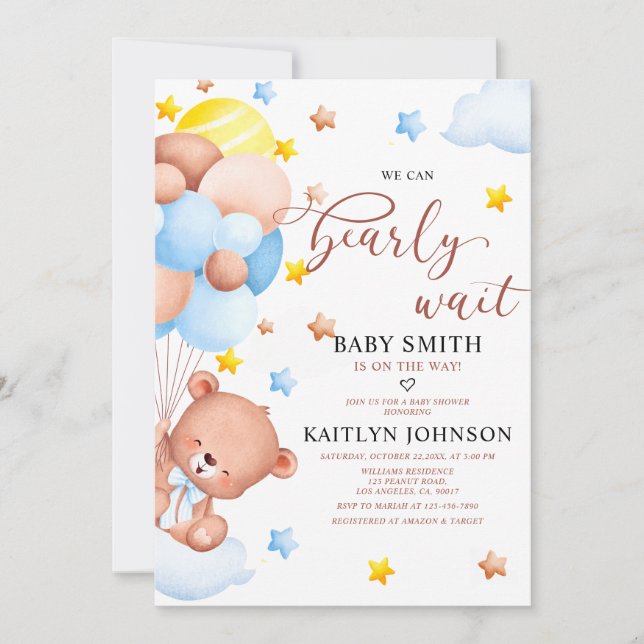Teddybjörn ballongmoln baby shower inbjudningar (Framsida)