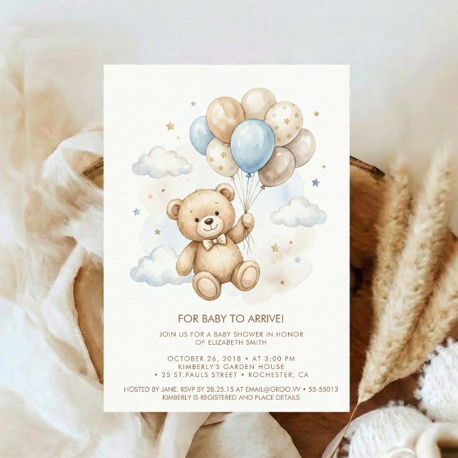 Teddybjörn Bebis Shower med Bruna Salvia Ballonger Inbjudningar (Skapare uppladdad)