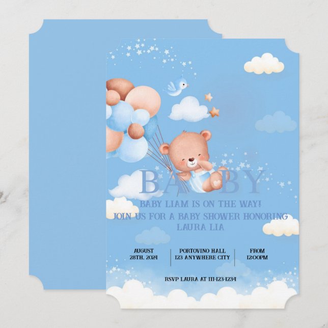 TEDDYBJÖRN BLÅ BABYSHOWER INBJUDAN (Fram/baksida)