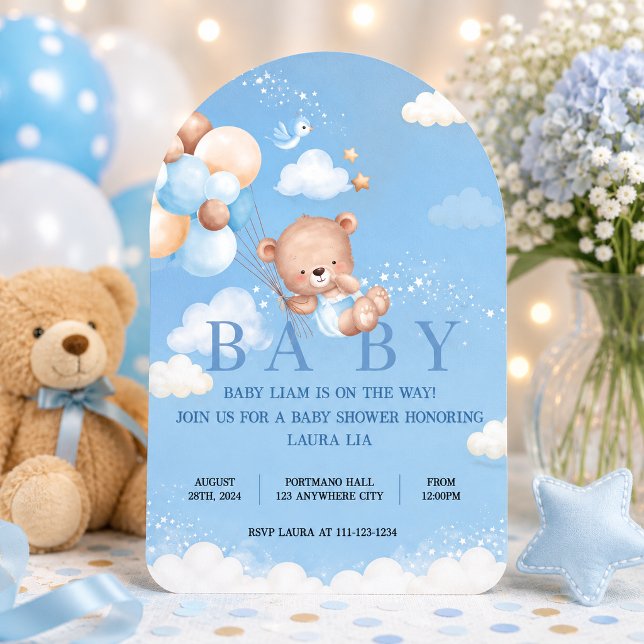 TEDDYBJÖRN BLÅ BABYSHOWER INBJUDAN (Skapare uppladdad)