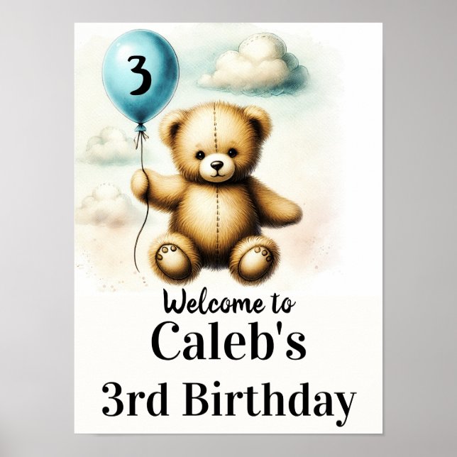 Teddybjörn Blå Ballong 1-års Födelsedag Skylt (Framsidan)
