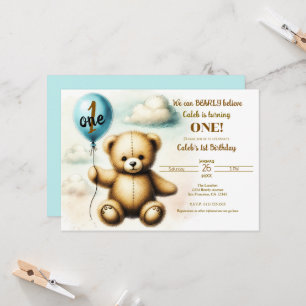 Teddybjörn Blå Ballong 1-års Födelsedagsfest Inbjudningar