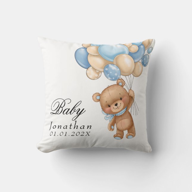 Teddybjörn Blå ballong Baby Shower   Kastkudde Kudde (Framsida)