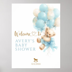 Teddybjörn Blå Ballong Band Baby Pojke Shower Poster