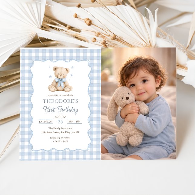 Teddybjörn Blå Ballong Foto Födelsedag Inbjudningar (Skapare uppladdad)