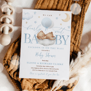 Teddybjörn Blå Ballong Moln & Stjärnor Baby Shower Inbjudningar
