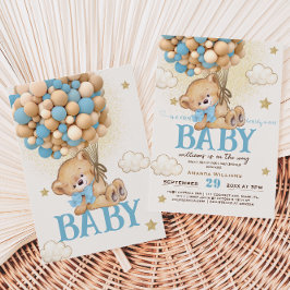Teddybjörn Blå ballonger Baby Shower Inbjudningar