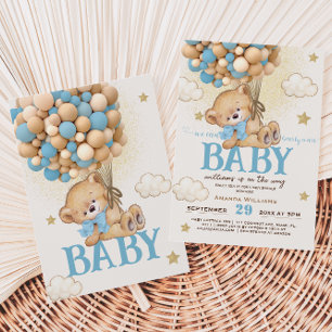 Teddybjörn Blå ballonger Baby Shower Inbjudningar