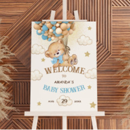 Teddybjörn Blå Ballonger Baby Shower Välkomstskylt