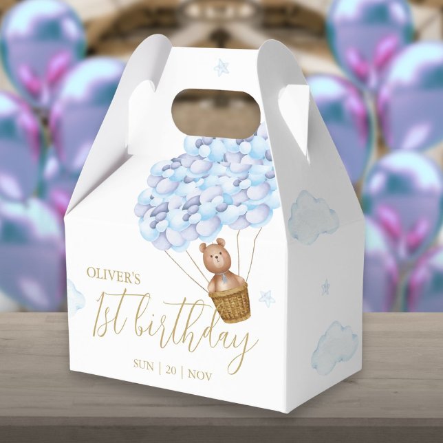 Teddybjörn Blå Ballonger Födelsedagsfest Presentaskar (Teddy Bear Blue Balloons Birthday Party Favor Box)