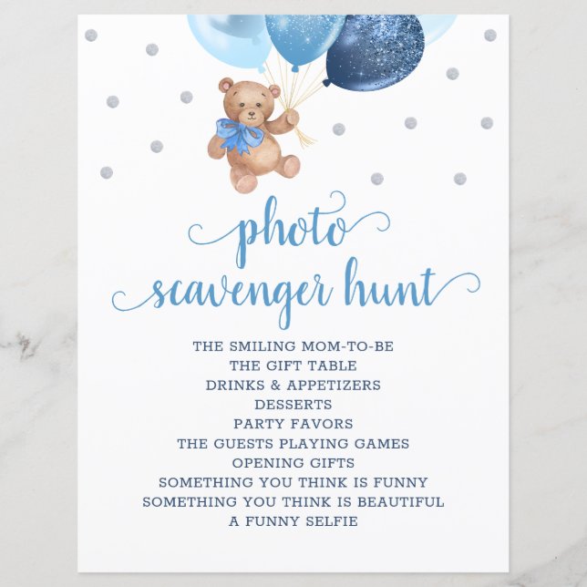 Teddybjörn Blå Ballonger Foto Scavenger Hunt Game (Framsida)