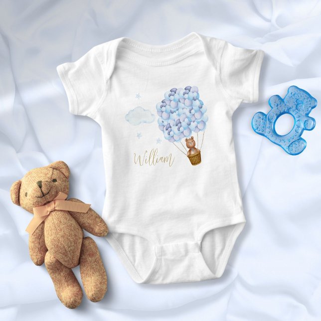 Teddybjörn Blå Ballonger Guldskrift T Shirt (Teddy Bear Blue Balloons Gold Script Baby Bodysuit)