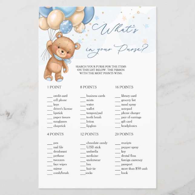 Teddybjörn Blå ballonger Vad har du i din handväsk (Framsida)