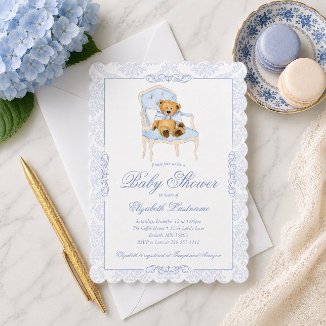 Teddybjörn Blå Band Baby Shower Inbjudan (Teddy Bear Blue Bow Baby Shower Invitation)
