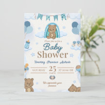 Teddybjörn Blå Bebis Shower Inbjudan