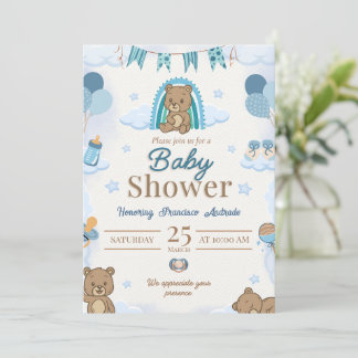 Teddybjörn Blå Bebis Shower Inbjudan