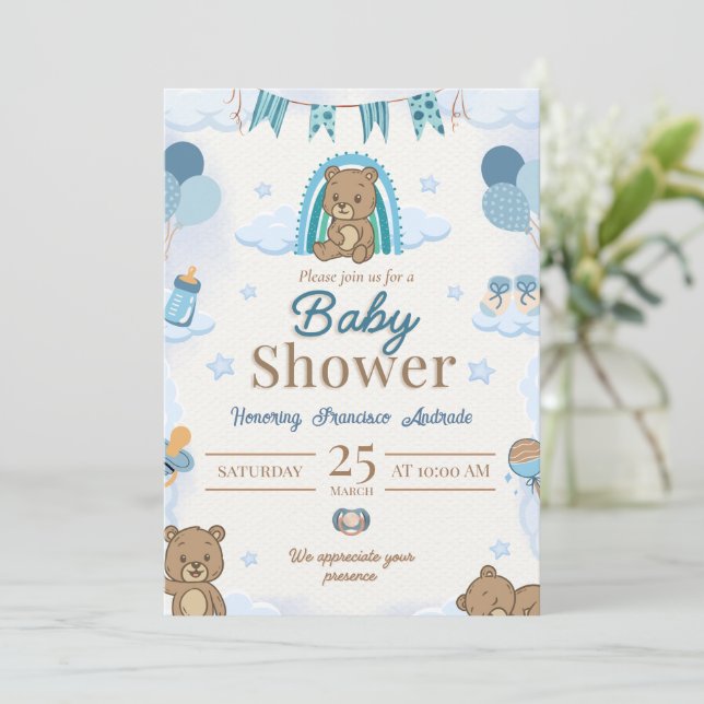 Teddybjörn Blå Bebis Shower Inbjudan (Stående Fram)