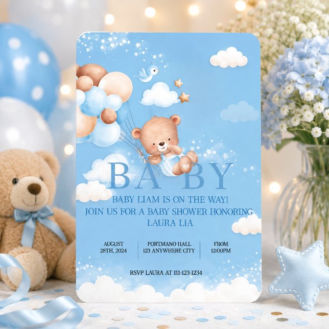 TEDDYBJÖRN BLÅ BEBISBAD INBJUDAN (Skapare uppladdad)