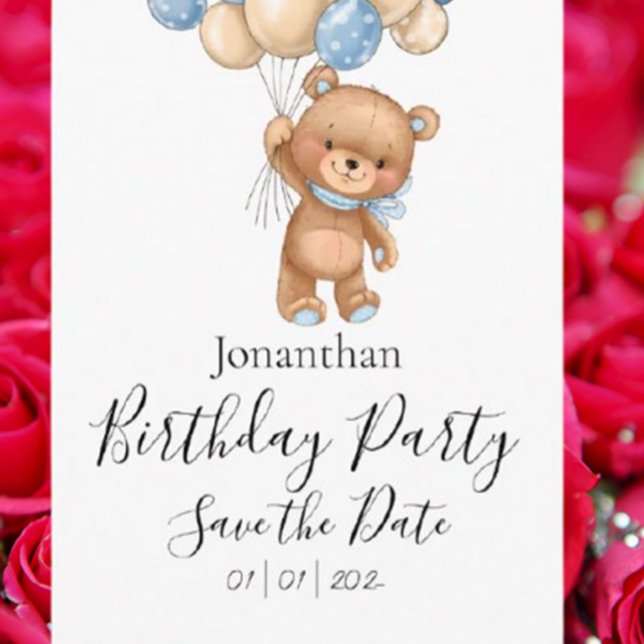 Teddybjörn Blå Födelsedagsfest Spara Datumet Vykort (Celebrate your little one’s special day with our Teddy Bear Blue Birthday Party Save the Date  )