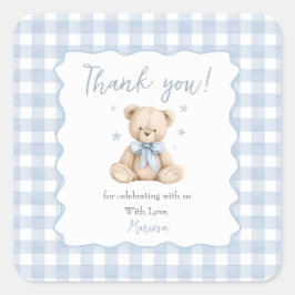 Teddybjörn Blå Gingham Baby Shower Classic Fyrkantigt Klistermärke
