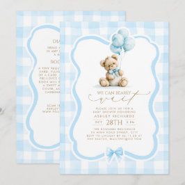 Teddybjörn Blå Gingham Babyfest Allt-i-ett Inbjudningar