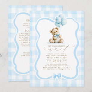 Teddybjörn Blå Gingham Babyfest Allt-i-ett Inbjudningar