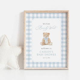 Teddybjörn Blå Gingham Bebis Shower Välkomstskylt Poster